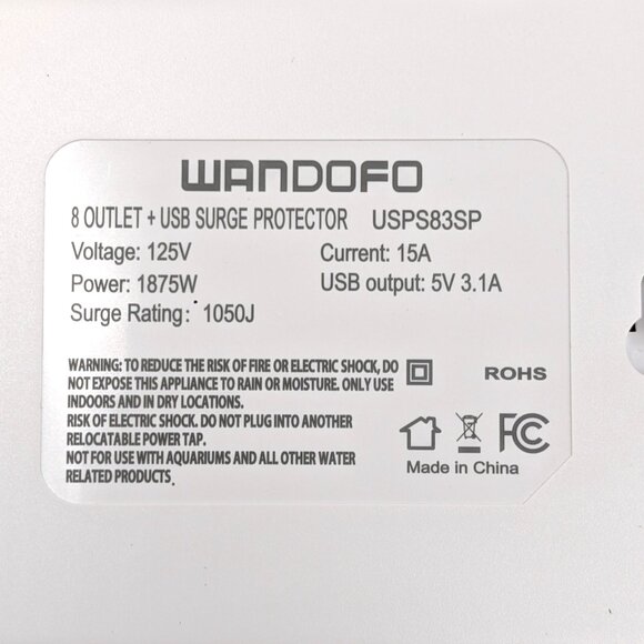 Wandofo Surge Protector Power Strip 8 Outlet 3 USB White 12' Cord Mountable - Picture 5 of 10